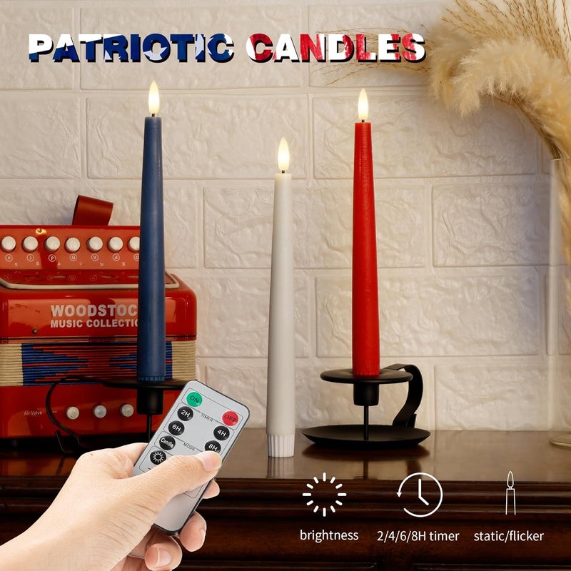 AFINETH Patriotic Flameless Taper Candles With 3D Wick - 9.6" Real Wax Red White and Blue With Remote and Timer - 4th of July LED Battery Operated Fake Candles, 3 Pack - Image 5